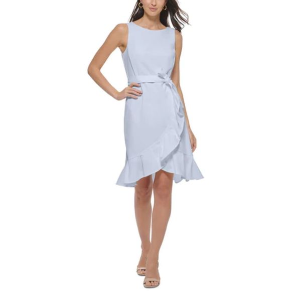 Calvin Klein Scuba Crepe Ruffle Tulip Hem Faux Wrap Dress Light Blue Size 14 - Picture 1 of 2